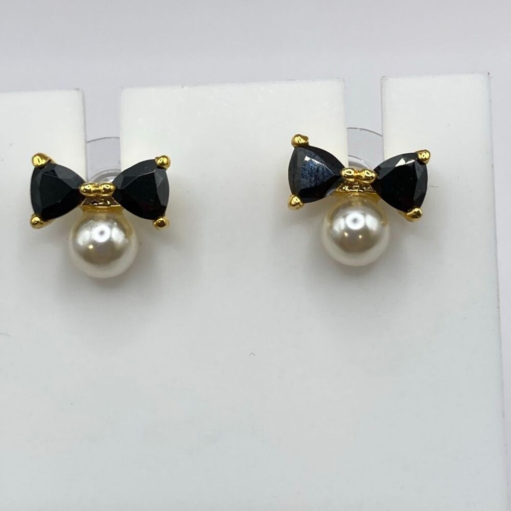 Black Crystal Bow & Faux Pearl Stud Earrings Gold Tone Elegant